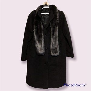 Jones New York Long Coat Women Size 12 Black Wool Blend Faux Fur Scarf NEW